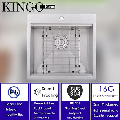 KINGO HOME Drop in Bar Sink,20 x 21 Inch Single Bowl Small Kitchen Sinks,304 Stainless Steel Topmount Wet Bar Prep Sink With Grid&Drainer&Cutting Board