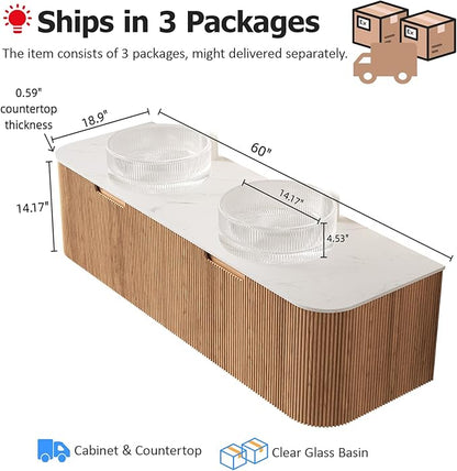 60" Bathroom Vanity with Double Sink, Floating Bathroom Vanities with Round Crystal Glass Basin and Marble Top, 2 Large Soft-Closing Storage Drawers, Pre-Assembled Cabinet, Nature Wood