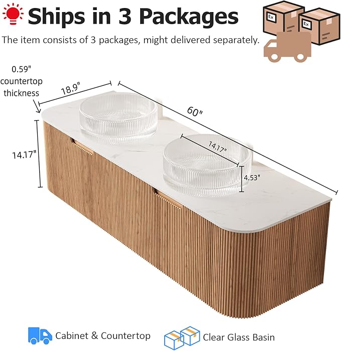60" Floating Bathroom Vanity with Double Sink, Modern Wall-Mount Storage Cabinet with 2 Round Crystal Glass Basins and Marble Top, 2 Large Soft Closing Drawer, Pre-Assembled, Dark Walnut