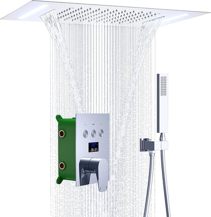 Temperature Display Shower System Chrome Shower Faucet Set with 14X20 inch Rainfall Shower & Waterfall Modes, Handheld Spray