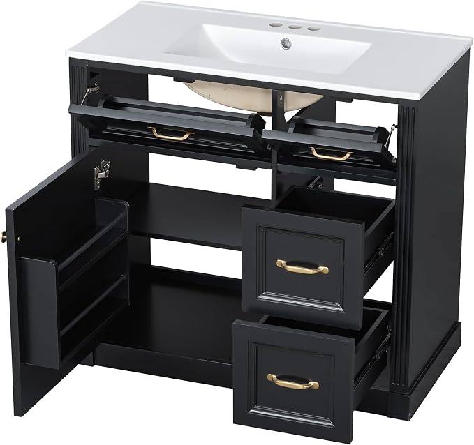 36" Bathroom Vanity with Ceramic Sink,Modern Freestanding Storage Cabinet w/Soft-Close Door and 2 Tip-Out & 2 Drawers,Undermount Single Basin Bath Vanity Set w/Adjustable Shelf,Black