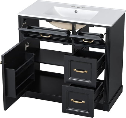36" Bathroom Vanity with Ceramic Sink,Modern Freestanding Storage Cabinet w/Soft-Close Door and 2 Tip-Out & 2 Drawers,Undermount Single Basin Bath Vanity Set w/Adjustable Shelf,Black