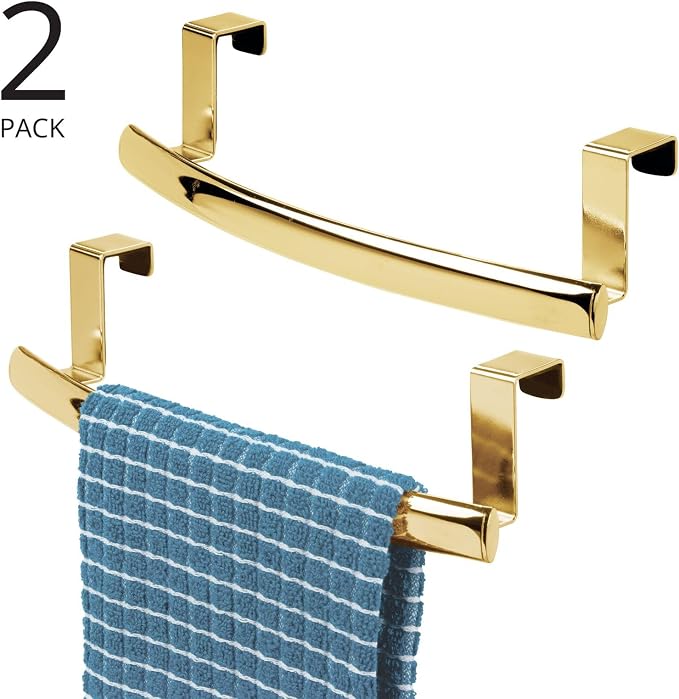 mDesign Steel Over Door Curved Towel Bar Storage, Hanger for Cabinet or Cupboard, Holder Rack for Kitchen, Bathroom - Holds Hand/Dish Towels, Washcloths - Spira Collection - 2 Pack - Soft Brass