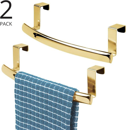 mDesign Steel Over Door Curved Towel Bar Storage, Hanger for Cabinet or Cupboard, Holder Rack for Kitchen, Bathroom - Holds Hand/Dish Towels, Washcloths - Spira Collection - 2 Pack - Soft Brass