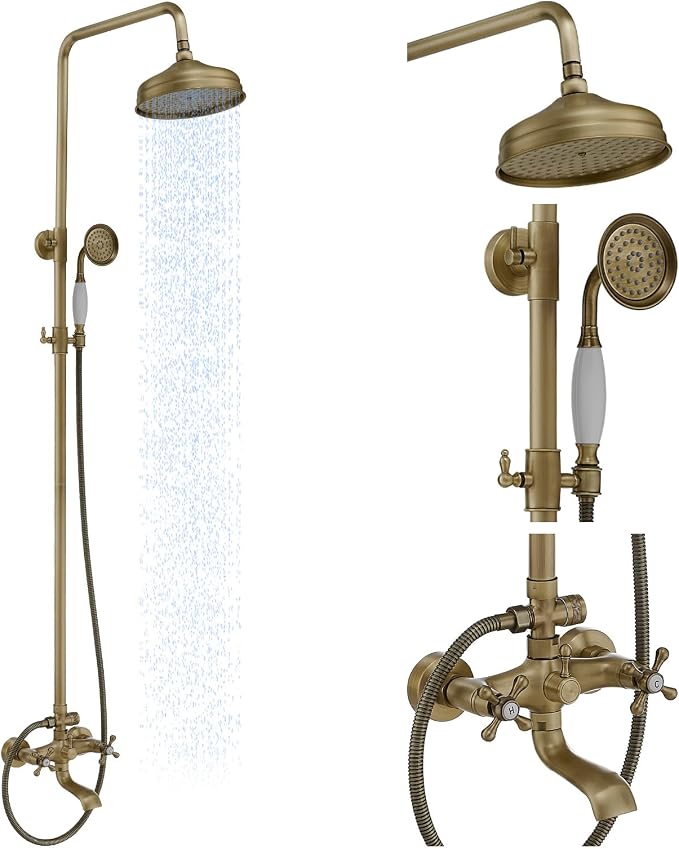 Outdoor Shower Features, Exposed Shower System 3 Function | 8 Inch Rain Shower Head,Handheld Shower Head & Tub Spout,Solid Brass,Dual Handle,High Pressure,Wall Mounted,Antique Brass