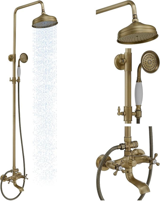 Outdoor Shower Features, Exposed Shower System 3 Function | 8 Inch Rain Shower Head,Handheld Shower Head & Tub Spout,Solid Brass,Dual Handle,High Pressure,Wall Mounted,Antique Brass