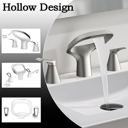 Bathroom Faucets for Sink 3 Hole, Bezeit 8 Inch Brushed Nickel Bathroom Faucet, Solid Brass Widespread Bathroom Faucet with Adjustable Waterfall Spout 2 Handles and 2 Supply Hoses