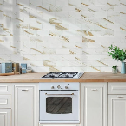 AULIGET 4-Piece Calacatta Gold Marble Look Peel and Stick Backsplash Wall Tiles, 3" x 6" Faxu Stone PVC Stick on Tile for Backsplash Kitchen, Bathroom, Laundry Room, Camper, Fireplace