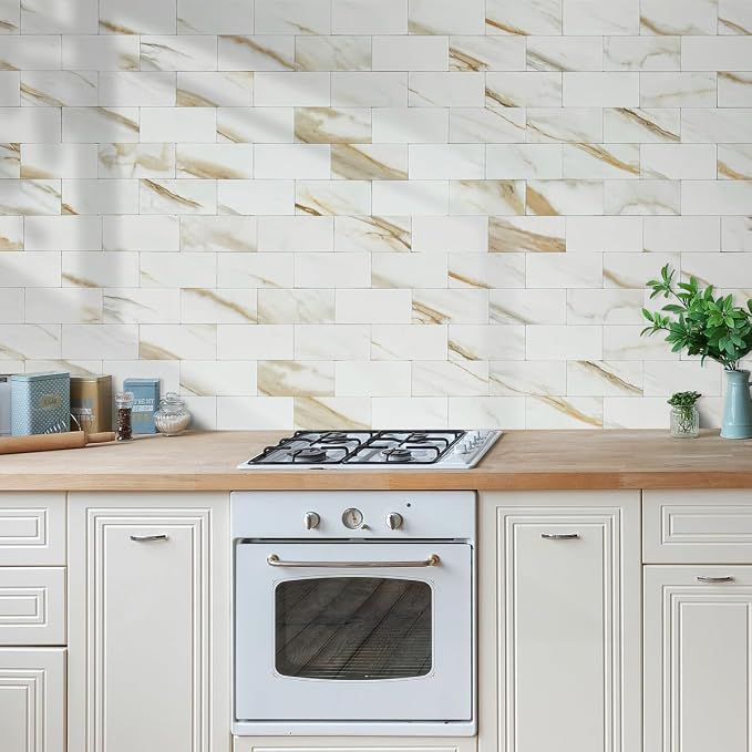 AULIGET 100-Piece Calacatta Gold Marble Look Peel and Stick Backsplash Wall Tiles, 3" x 6" Faxu Stone PVC Stick on Tile for Backsplash Kitchen, Bathroom, Laundry Room, Camper, Fireplace