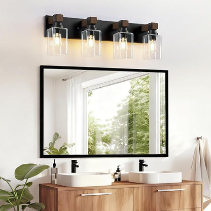 Farmhouse Black 4-Light Bathroom Vanity Light, Square Glass Shade | Vintage Rustic Design, Wood Grain Finish, Matte Black Metal, Wall Mount Over Mirror Lighting Fixtures for Bathroom Restroom
