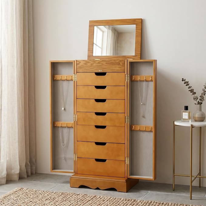 Hives & Honey Meadow Standing Jewelry Armoire Cabinet, Jewelry Storage Organizer with Top Flip Mirror, 2 Doors, 7 Drawers, Jewelry Chest, Jewelry Box for Necklace, Earring, Bracelet, Walnut