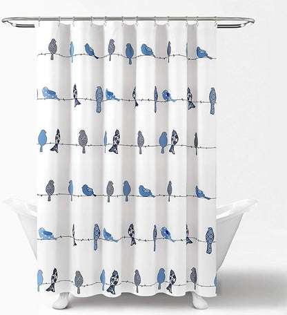 Lush Decor Rowley Birds Shower Curtain, 72” W x 72” L, Navy - Colorful Floral Bird Pattern - Whimsical & Playful Bird Shower Curtain - Farmhouse, Coastal, & Boho Bathroom Decor