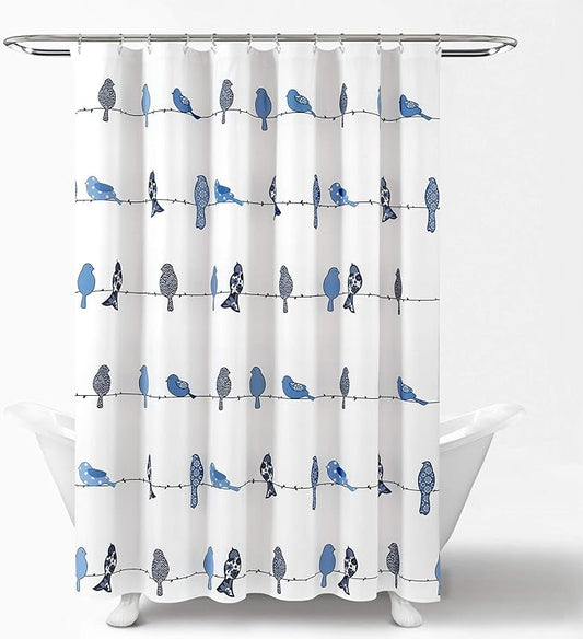Lush Decor Rowley Birds Shower Curtain, 72” W x 72” L, Navy - Colorful Floral Bird Pattern - Whimsical & Playful Bird Shower Curtain - Farmhouse, Coastal, & Boho Bathroom Decor