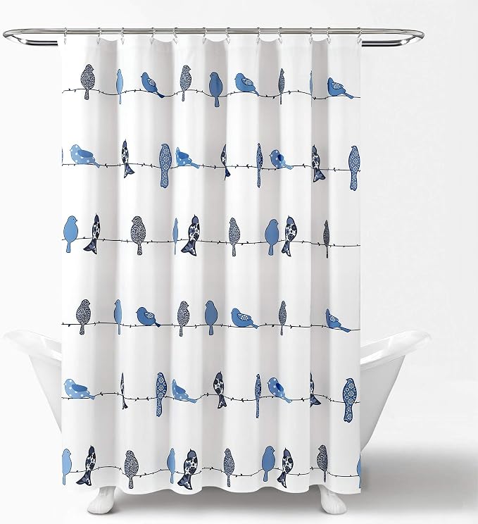 Lush Decor Rowley Birds Shower Curtain, 72” W x 72” L, Navy - Colorful Floral Bird Pattern - Whimsical & Playful Bird Shower Curtain - Farmhouse, Coastal, & Boho Bathroom Decor (Pack of 6)