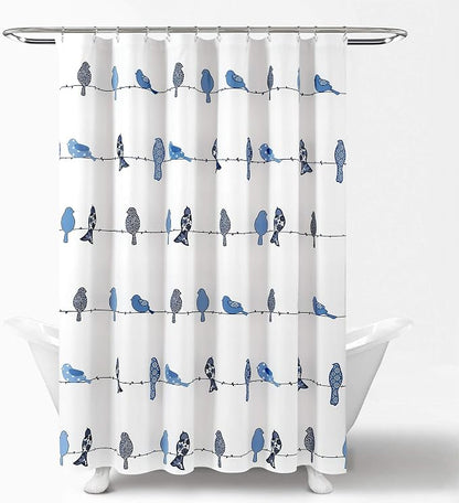 Lush Decor Rowley Birds Shower Curtain, 72” W x 72” L, Navy - Colorful Floral Bird Pattern - Whimsical & Playful Bird Shower Curtain - Farmhouse, Coastal, & Boho Bathroom Decor (Pack of 6)