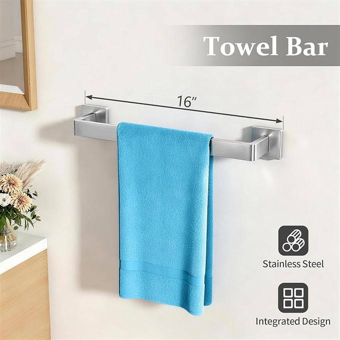 STWWO 5-Piece Bathroom Accessories Hardware Set Brushed Nickel | Stainless Steel Towel Racks for Bathroom, 16 Inch Bath Towel Bar Set Wall Mounted