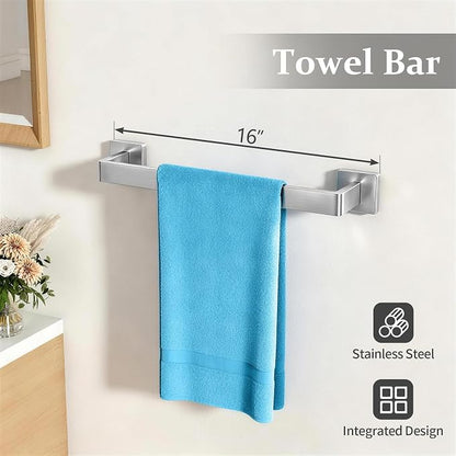 STWWO 5-Piece Bathroom Accessories Hardware Set Brushed Nickel | Stainless Steel Towel Racks for Bathroom, 16 Inch Bath Towel Bar Set Wall Mounted