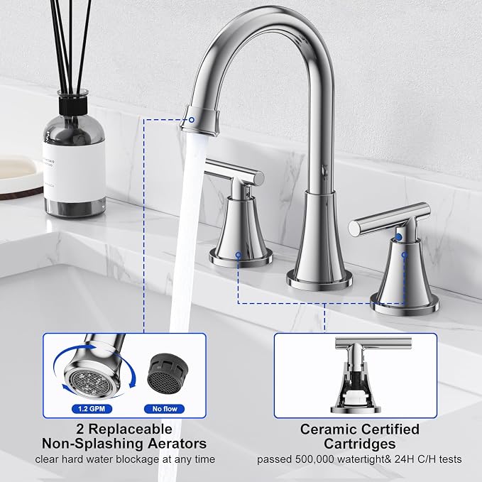 Bathroom Faucet 3 Hole, Chrome Faucets with Pop-up Drain and Supply Lines | Hurran Stainless Steel Lead-Free Widespread Bathroom Sink Faucet for Vanity RV Restroom Laundry Outdoor Utility Sink