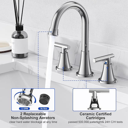 Bathroom Faucet 3 Hole, Chrome Faucets with Pop-up Drain and Supply Lines | Hurran Stainless Steel Lead-Free Widespread Bathroom Sink Faucet for Vanity RV Restroom Laundry Outdoor Utility Sink