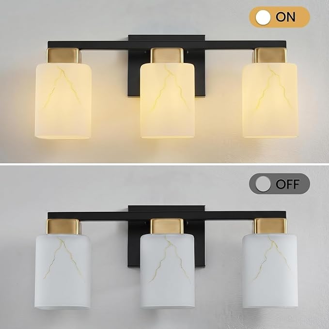 3-Light Square Bathroom Light Fixture, Black and Gold Modern Vanity Light with White Marble Glass Shade, for Bathroom Mirror, Living Room, Bedroom, Hallway, E26 Base