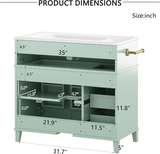 Bellemave 36" Bathroom Vanity with Sink, Bathroom vanities, Green Bathroom Vanity with Drawers, Sink Cabinet, Sage Green, 36Inch