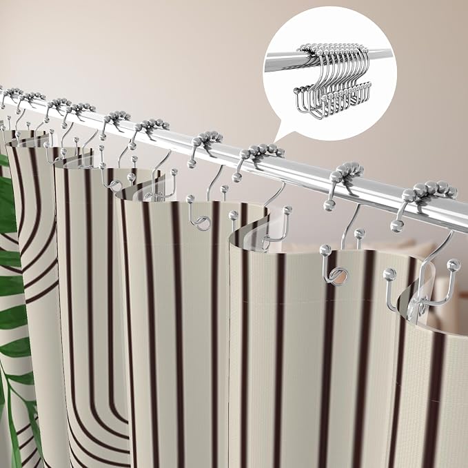 3 in 1 Shower Curtain Set, Boho Mid Century Modern, Green Leaf | 72x72 Inches Polyester Bath Curtain with Magnetic PEVA Liner and 12 Double Sided Stainless Steel Hooks