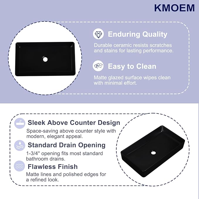 Vessel Sink 24"x14" Rectangular Bathroom Sink Modern Black Porcelain Ceramic Above Counter Drop-in Vanity Sink for Bathrooms Art Basin