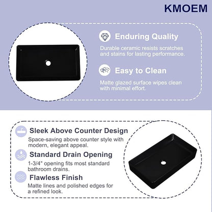 Vessel Sink 24"x14" Rectangular Bathroom Sink Modern Black Porcelain Ceramic Above Counter Drop-in Vanity Sink for Bathrooms Art Basin