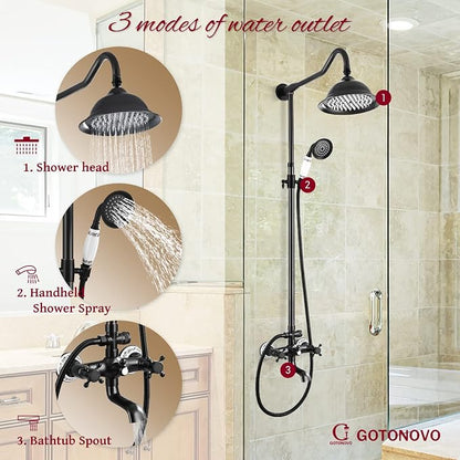 gotonovo Vintage Exposed Shower Faucet Set with Tub Spout,Oil Rubbed Bronze | Bathtub 8” Shower Head with Handheld System Fixtures Combo Kit,360°Rotation,Fast Filler,Extra Extension Tube,for 5-6.7" Hole