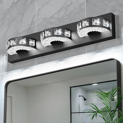 LED Modern Bathroom Vanity Light Fixtures (3-Light, 24W, 21.6-Inch), Matte Black Modern Crystal Bathroom Wall Lighting Fixtures Over Mirror (Cool White 5500K) for Apartment, Hotel