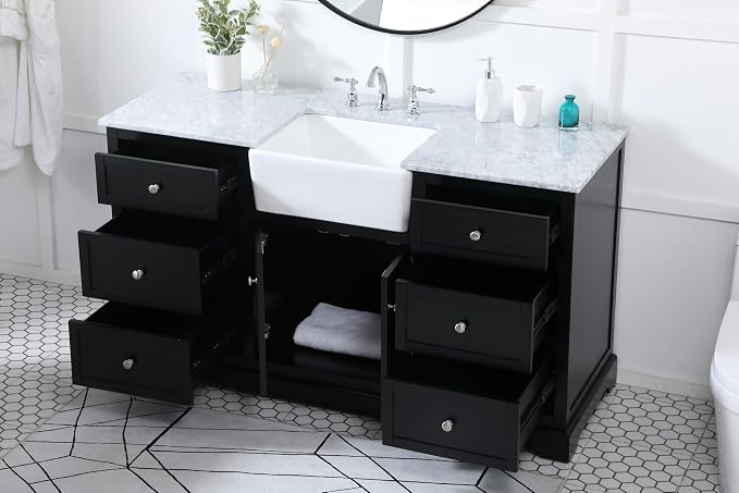 60" Pre-Assembled Bathroom Vanity with Sink, Solid Birch and MDF, Carrara White Marble Countertop Attached, Single Rectangle Porcelain Sink, 6 Soft-Close Drawers, Black
