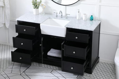 60" Pre-Assembled Bathroom Vanity with Sink, Solid Birch and MDF, Carrara White Marble Countertop Attached, Single Rectangle Porcelain Sink, 6 Soft-Close Drawers, Black