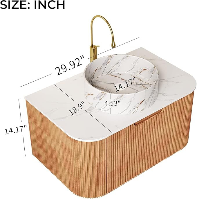 LKTART 30 Inch Floating Bathroom Vanity with Sink, Modern Wall Mounted Bathroom Storage Cabinet with Drawer, Stone Pattern Round White Ceramic Sink Top and Marble Texture Top, Natural Wood