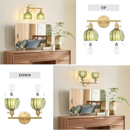 Bathroom Light Fixtures, 2-Light Brass Vanity wall Light Over Mirror with Green Tulip Glass Shade for Bedroom Living Room (Bulb Not Included)