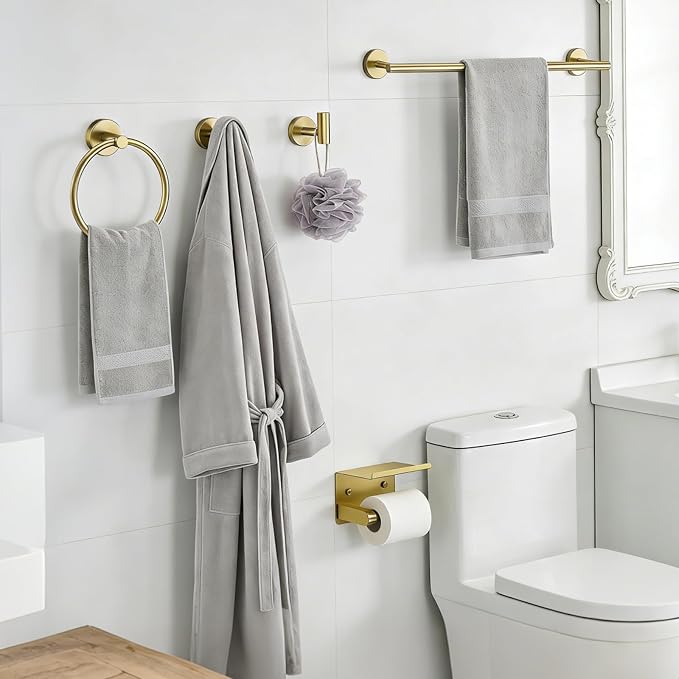 5-Pieces Wall Mount Bathroom Hardware Set,22in Brushed Gold Towel Bar Set | Stainless Steel Waterproof Bathroom Accessories Set, Toilet Paper Holder with Shelf,Towel Ring,Coat Hook,Round