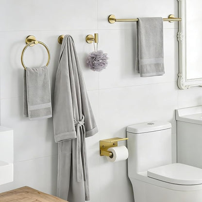 5-Pieces Wall Mount Bathroom Hardware Set,22in Brushed Gold Towel Bar Set | Stainless Steel Waterproof Bathroom Accessories Set, Toilet Paper Holder with Shelf,Towel Ring,Coat Hook,Round