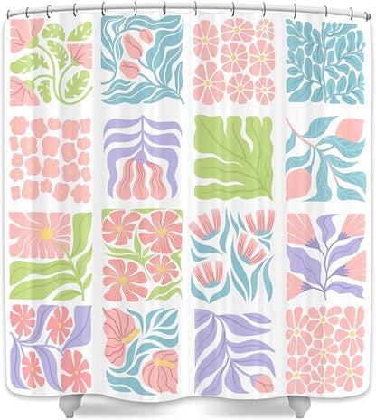 JAWO Cute Boho Floral Shower Curtain, Colorful Abstract Floral Retro Aesthetic Shower Curtain for Bathroom, Funky Unique Waterproof Fabric Polyester Bath Curtains Decor with Hooks,70Wx75H