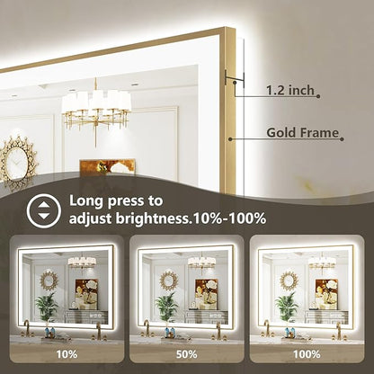 55x36 Inch LED Bathroom Mirror with Lights (Front Lit and Backlit) Gold Framed Lighted Vanity Mirror for Bathroom Wall Dimmable Anti-Fog Memory Tempered Glass Horizontal/Vertical