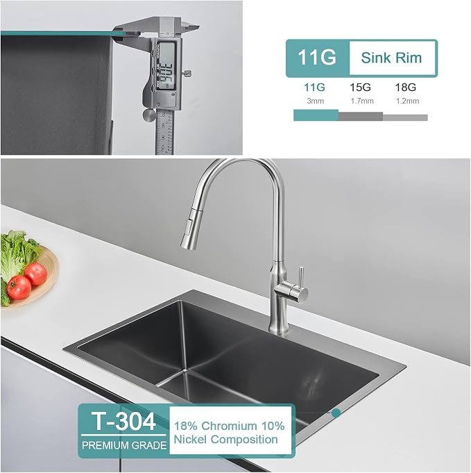 Black Topmount Kitchen Sink - 28”×18” Single Bowl Sink | 9 Inch Deep Handmade Bar Sink with Strainer, Stainless Steel 304, Center Drain, X-Groove Drainage, Sound-Dampening Pad