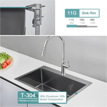 Black Topmount Kitchen Sink - 28”×18” Single Bowl Sink | 9 Inch Deep Handmade Bar Sink with Strainer, Stainless Steel 304, Center Drain, X-Groove Drainage, Sound-Dampening Pad