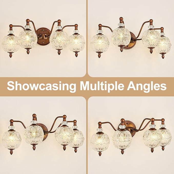 Vintage Bathroom Vanity Light, 4-Light Antique Red Bronze Finish Wall Sconce with Globe Glass Shades, Retro Mirror Light for Bathroom, Powder Room