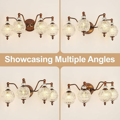 Vintage Bathroom Vanity Light, 4-Light Antique Red Bronze Finish Wall Sconce with Globe Glass Shades, Retro Mirror Light for Bathroom, Powder Room