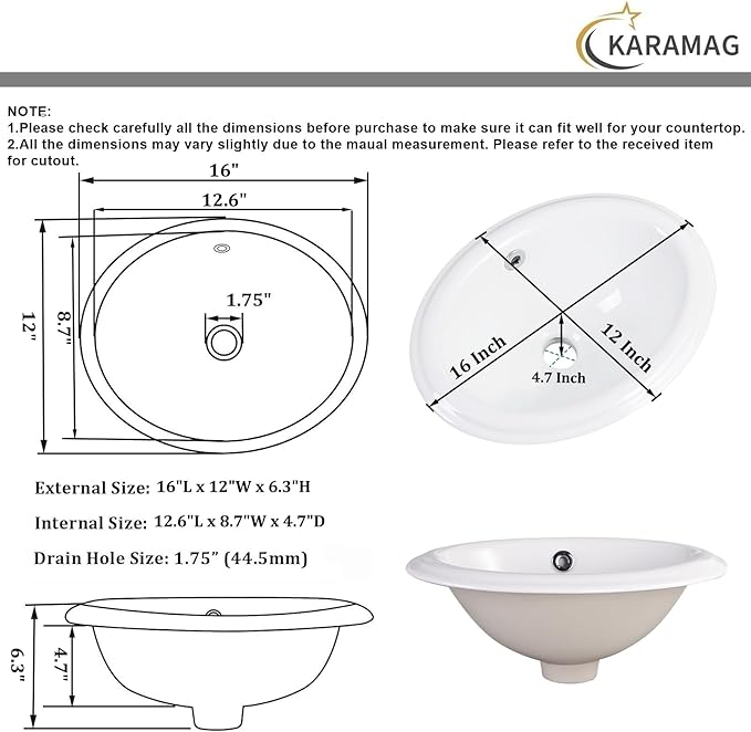 Bathroom Vessel Sink 16'' x 12'' Semi Recessed Bathroom Sink Oval Drop-in Vanity Sink with Overflow White Ceramic Modern Art Basin