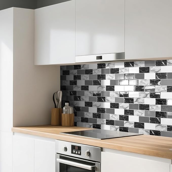 Art3d 10-Pack Marble Wall Tiles Peel and Stick Backsplash, Black White Grey | 12 x 12 Inch, Thickened Design, No Warping, Durable, Self-Adhesive, for Kitchen, Bedroom Decor, Ideal for New Home Buyers