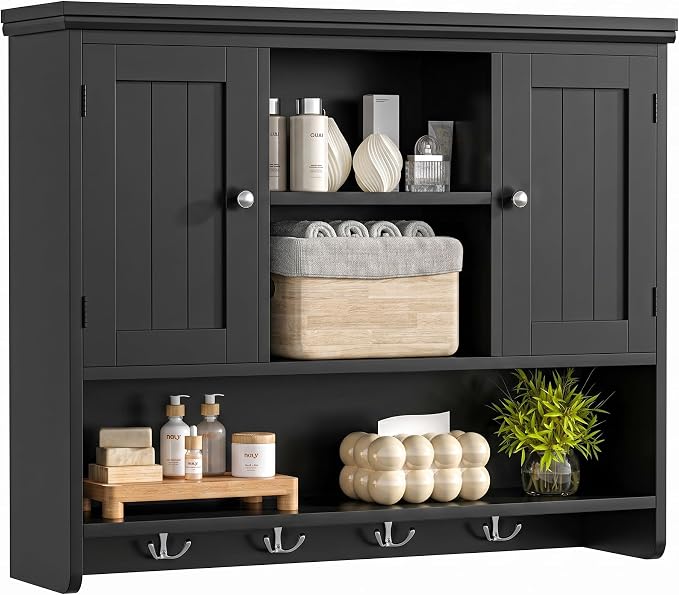 Bathroom Wall Cabinet with Doors and Hooks, 3-Tier Wall Mounted Cabinet | Modern Medicine Cabinet with 3 Open Shelves, Over the Toilet Storage Cabinet for Kitchen, Laundry Room, Living Room, Black