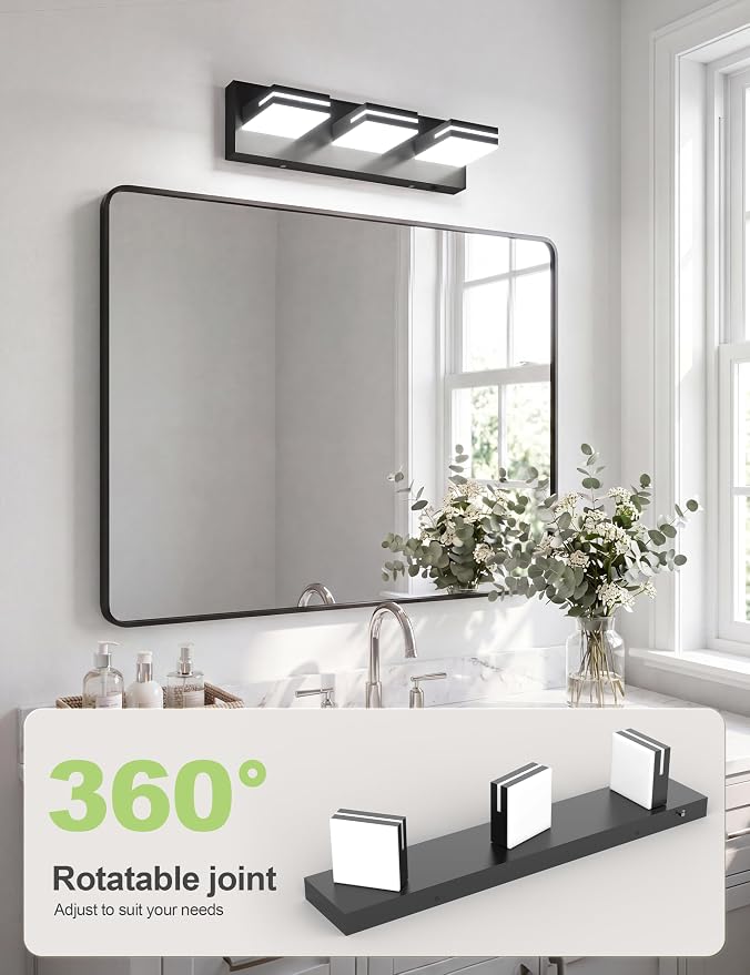 VOLISUN 16.15in Bathroom Vanity Light Fixtures 3-Light, Dimmable 6000K, Matte Black LED Bathroom Lighting Fixtures Over Mirror, 360°Rotatable Head, LED Vanity Lights for Bathroom