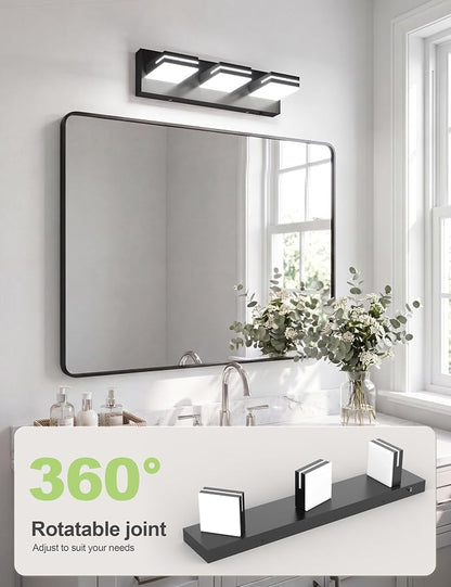 VOLISUN 16.15in Bathroom Vanity Light Fixtures 3-Light, Dimmable 6000K, Matte Black LED Bathroom Lighting Fixtures Over Mirror, 360°Rotatable Head, LED Vanity Lights for Bathroom