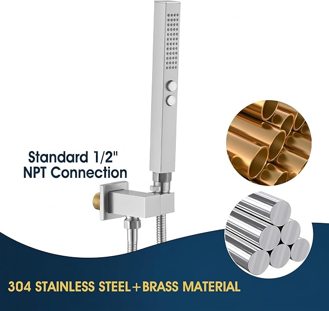 All-Metal High Pressure Square Handheld Shower Head with Jet Spray and Rainfall Modes, Volume Control Regulator, ON/OFF Switch, Hose and Wall Mounted Adjustable Bracket (Brushed Nickel)