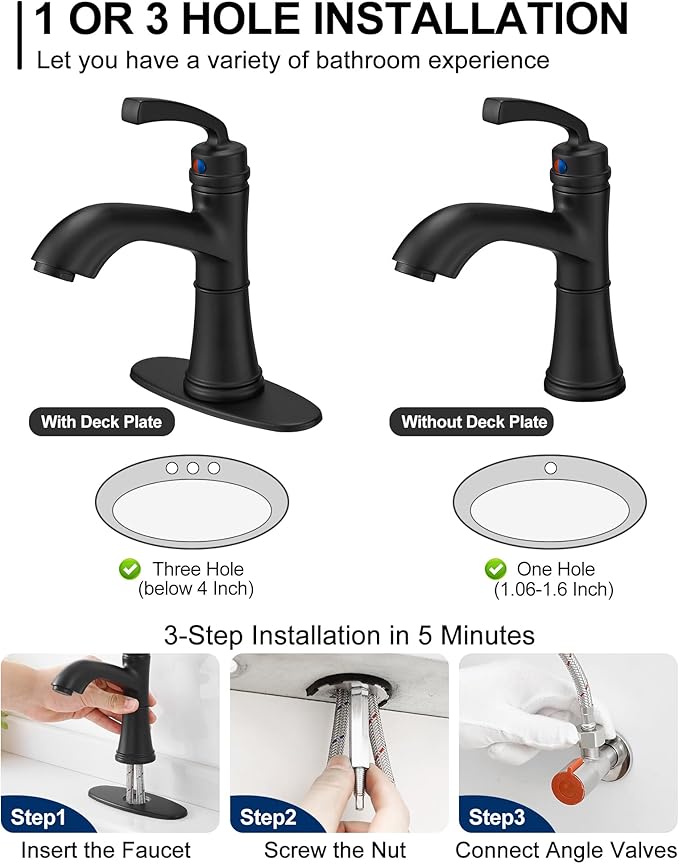 Brass Bathroom Faucets One Hole, Black Bathroom Sink Faucet 4 Inch Single Handle Bathroom Faucet 3 Hole, Vanity Faucet with Deck Plate & Pop-up Drain, No Splashing