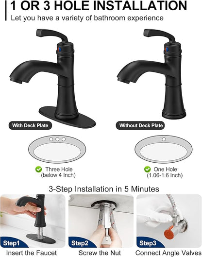 Brass Bathroom Faucets One Hole, Black Bathroom Sink Faucet 4 Inch Single Handle Bathroom Faucet 3 Hole, Vanity Faucet with Deck Plate & Pop-up Drain, No Splashing